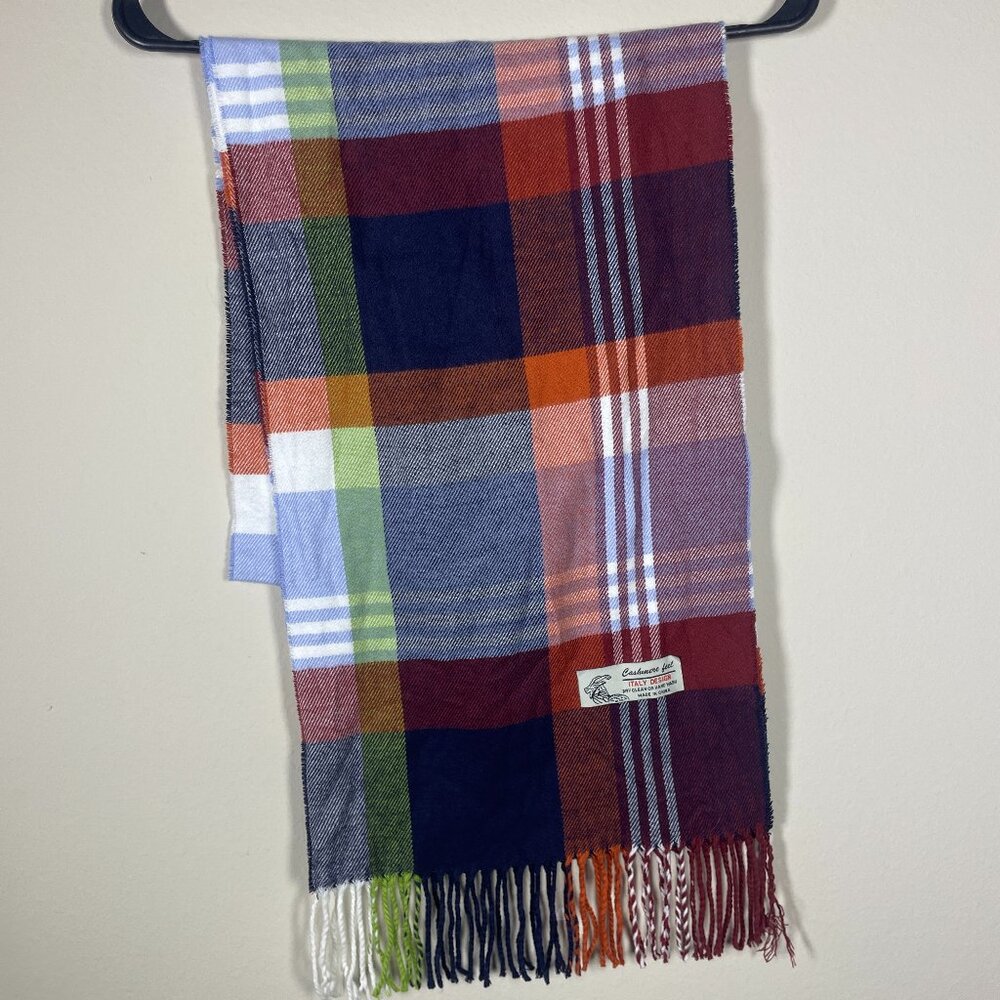 ITALY DESIGN Navy/Orange Plaid Scarf–Cashmere Feel Outdoor 11”x70”!